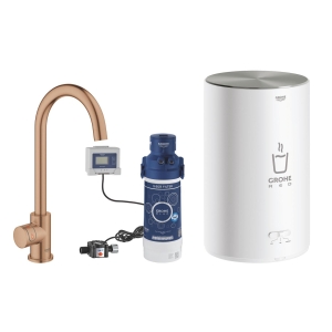 Комплект для кухни GROHE Red Mono II с бойлером M-size, с вертикальным вентилем с C-образным изливом, теплый закат матовый (30085DL1)